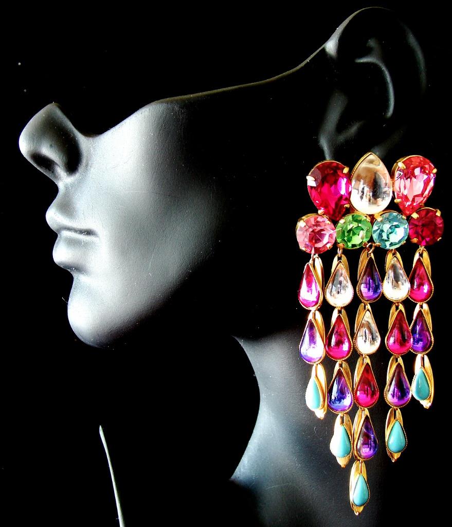 YSL Rive Gauche Statement Earrings HUGE 4" Chandelier Rhinestones