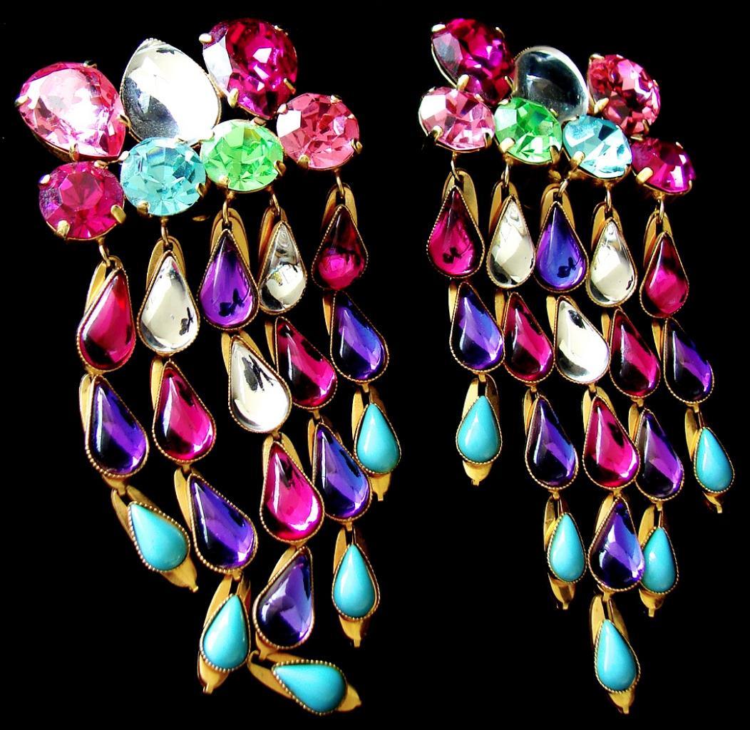 YSL Rive Gauche Statement Earrings HUGE 4" Chandelier Rhinestones
