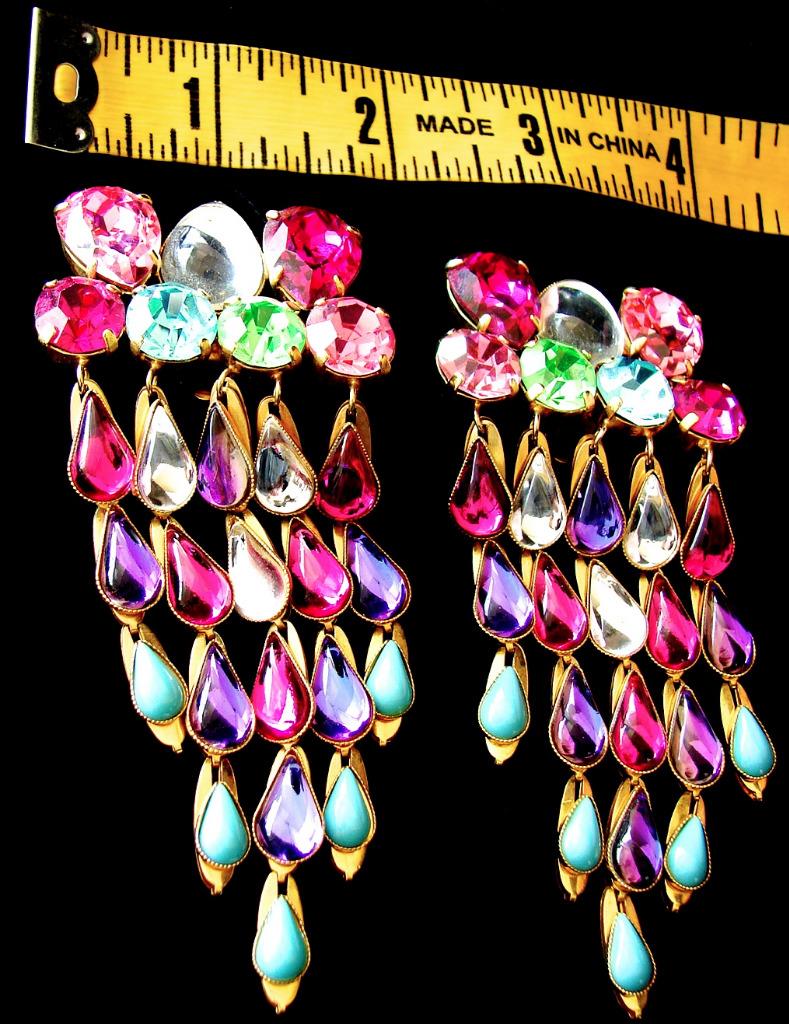 YSL Rive Gauche Statement Earrings HUGE 4" Chandelier Rhinestones