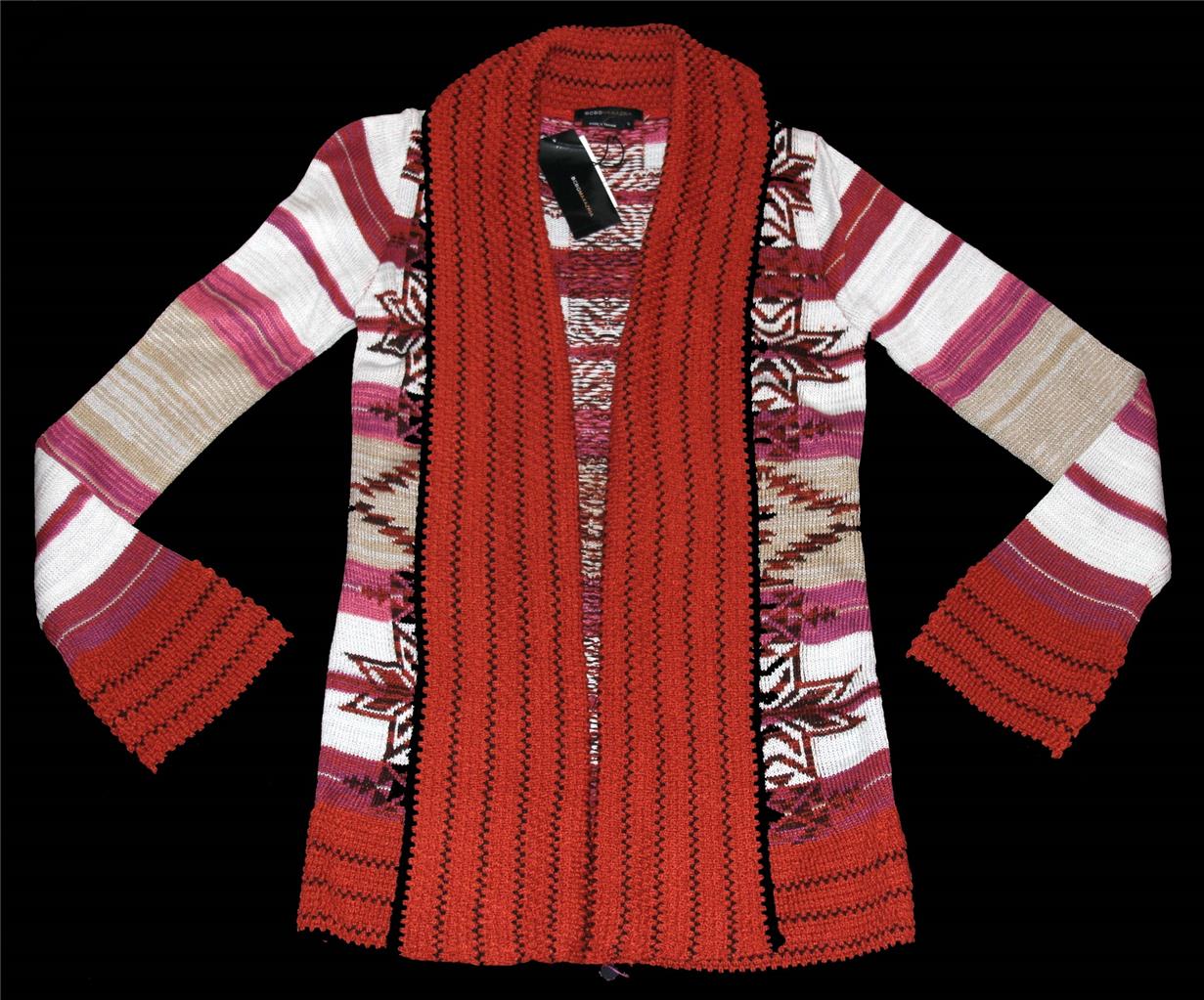 BCBG Aztec Print Wms Cardigan Sweater Rust Black Gry Brn NWT MSRP $160 DISC Nice 
