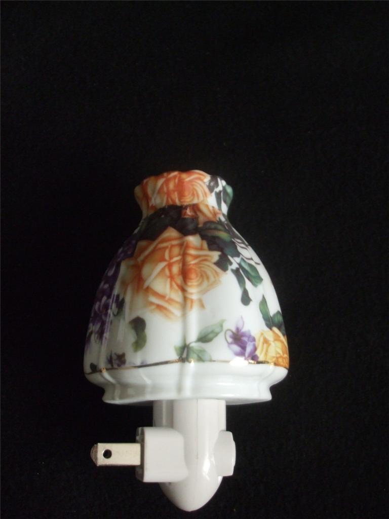 Ceramic Night Light Hurricane Lamp Shade Roses, Lilac, Floral NEW