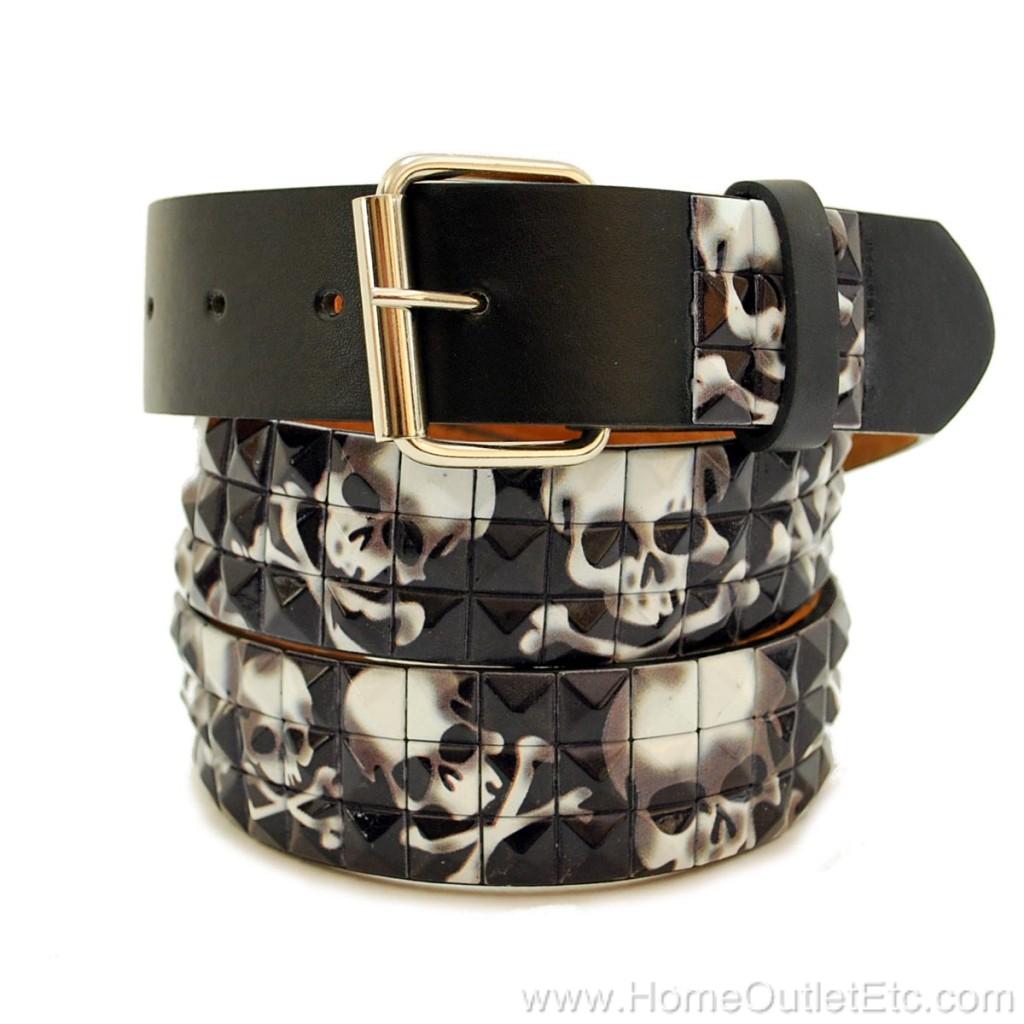 3Row Metal Pyramid Studded Leather Belt Skull & Crossbones Unisex Mens