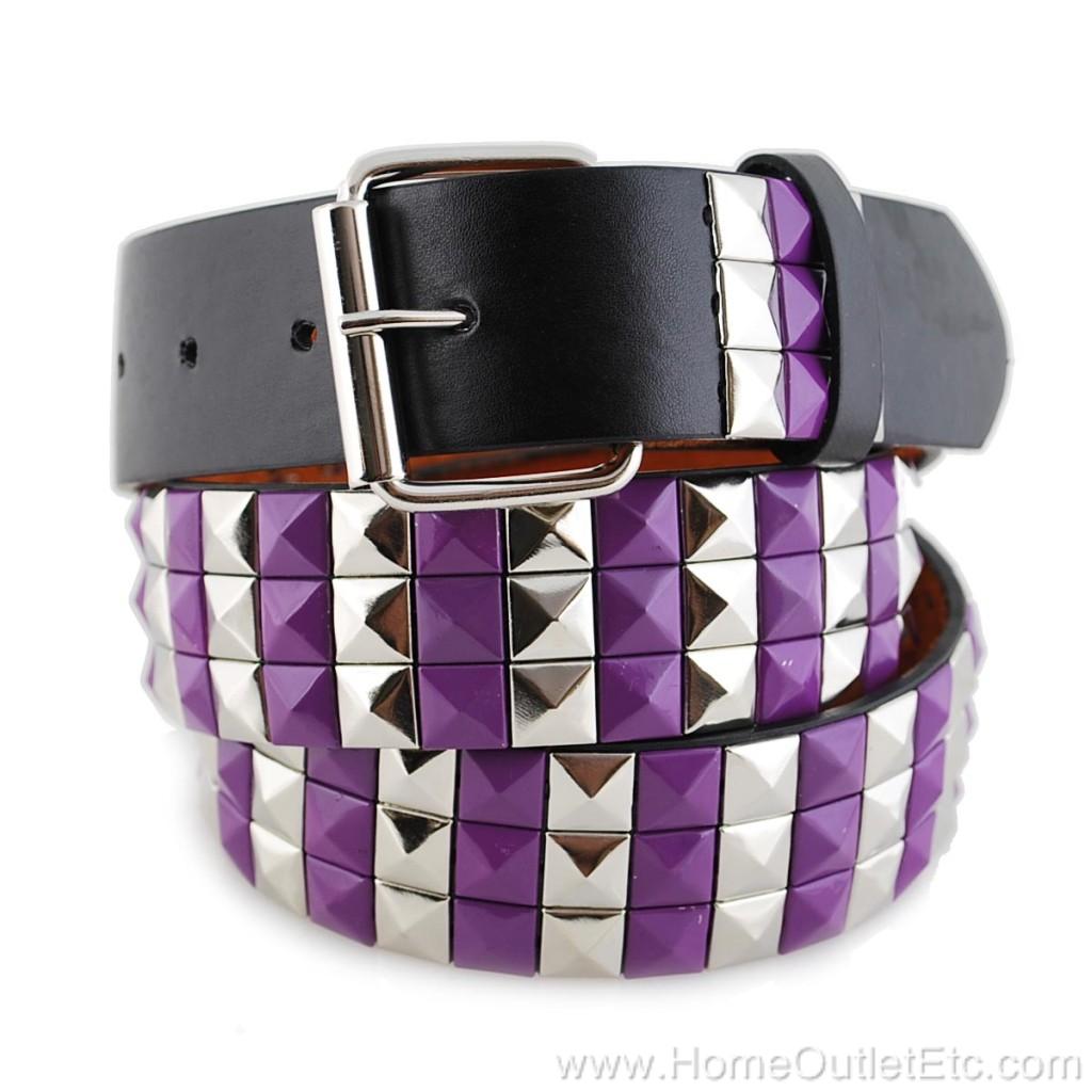 3Row Metal Pyramid Studded Leather Belt 2Tone Striped Punk Rock Goth