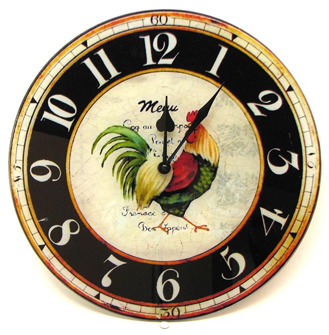 Glass Rooster Wall Clock Kitchen Vintage Farm 12" Round Chicken Elegant