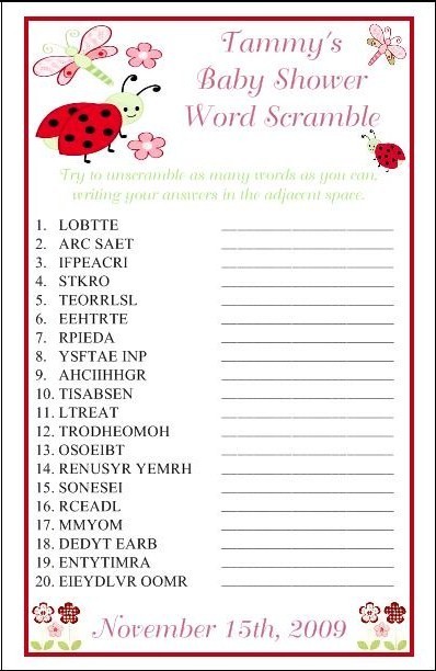 Baby Shower Ladybug Word Scramble Game Card On Popscreen