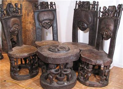 CHOKWE - 4 CHAIRS & TABLE - ROYAL SET - ANGOLA / ZAMBIA