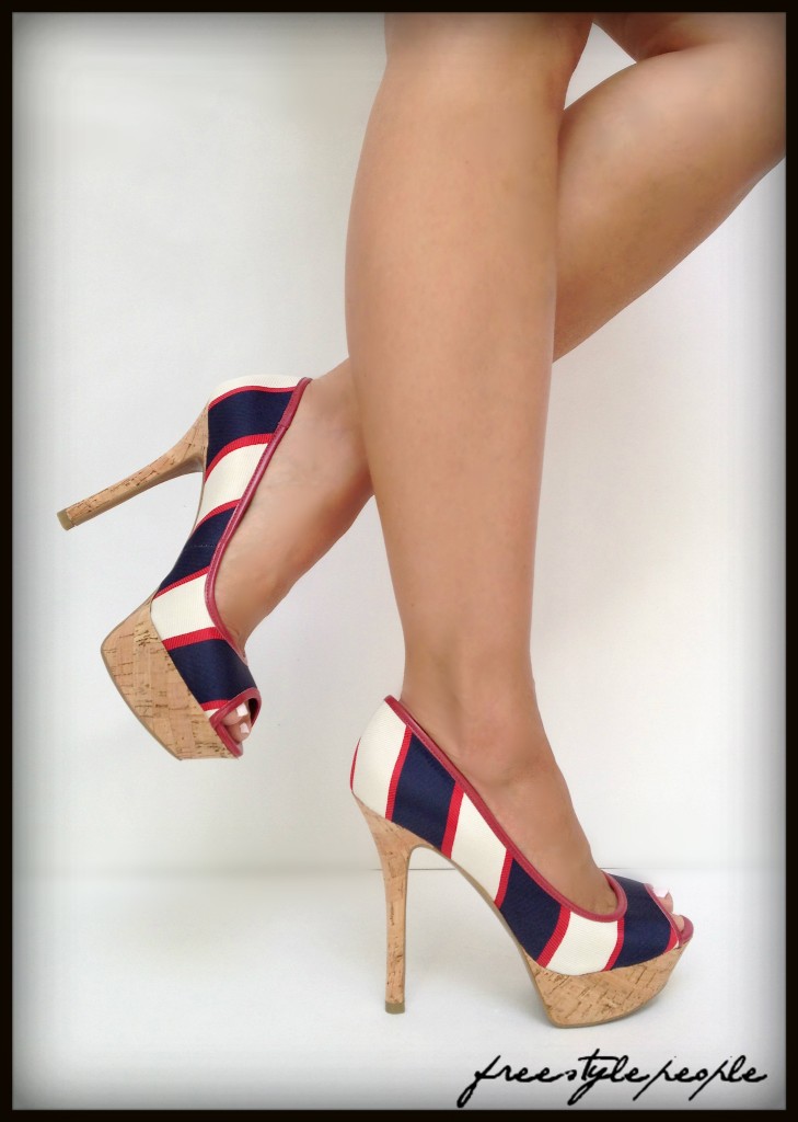 NIB New GUESS Red Navy NANCI Cork Peep Toe Platform Pumps Shoes Heels