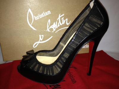 louboutin roller spikes - Christian Louboutin Angelique Leather Chiffon Open Toe Bow Heel ...