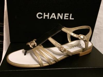 CHANEL 2014 14P Gold Black Leather CC Logo Strappy Thong Flat Sandal Shoes $1095 | eBay