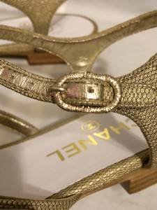 CHANEL 2014 14P Gold Black Leather CC Logo Strappy Thong Flat Sandal Shoes $1095 | eBay