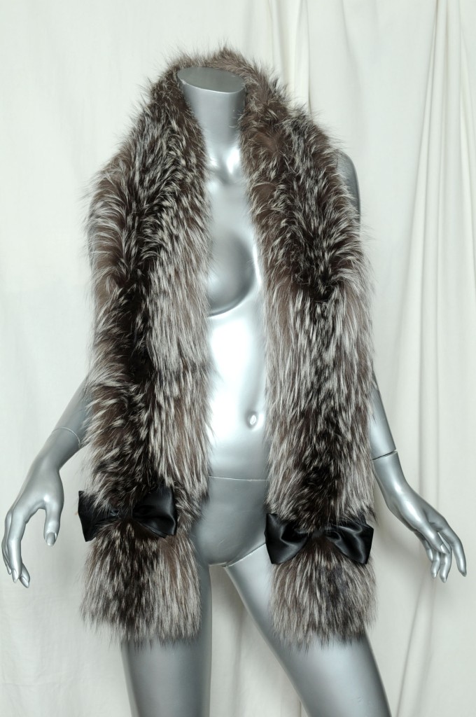 Genuine Fox Fur Stole Dazzling Long Silver White Tipped Wrap Black Satin Bows Ebay