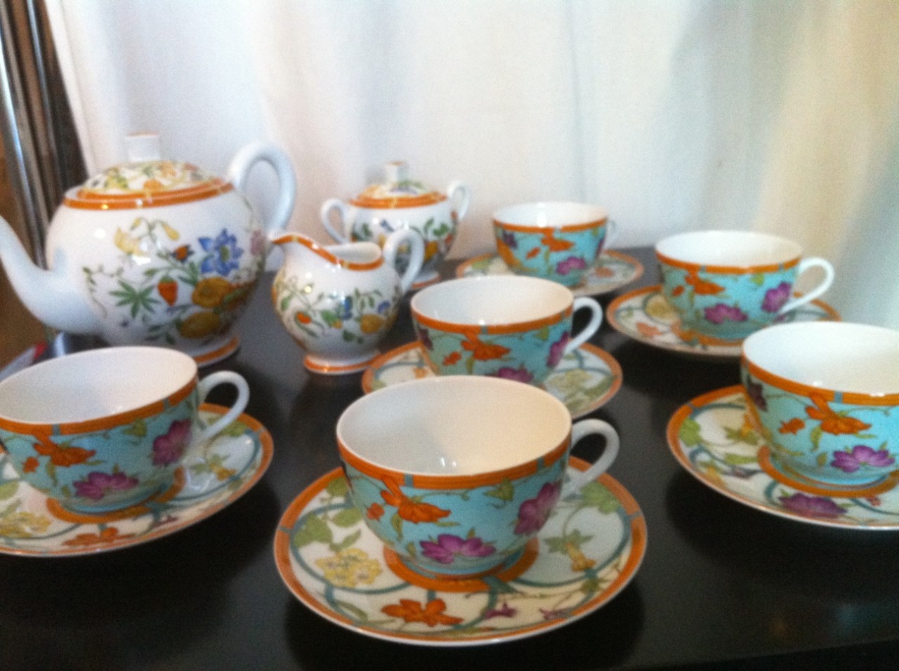 HERMES PARIS"LA SIESTA ISLAND"TEA SET FOR SIX Tea Pot Cups Saucers