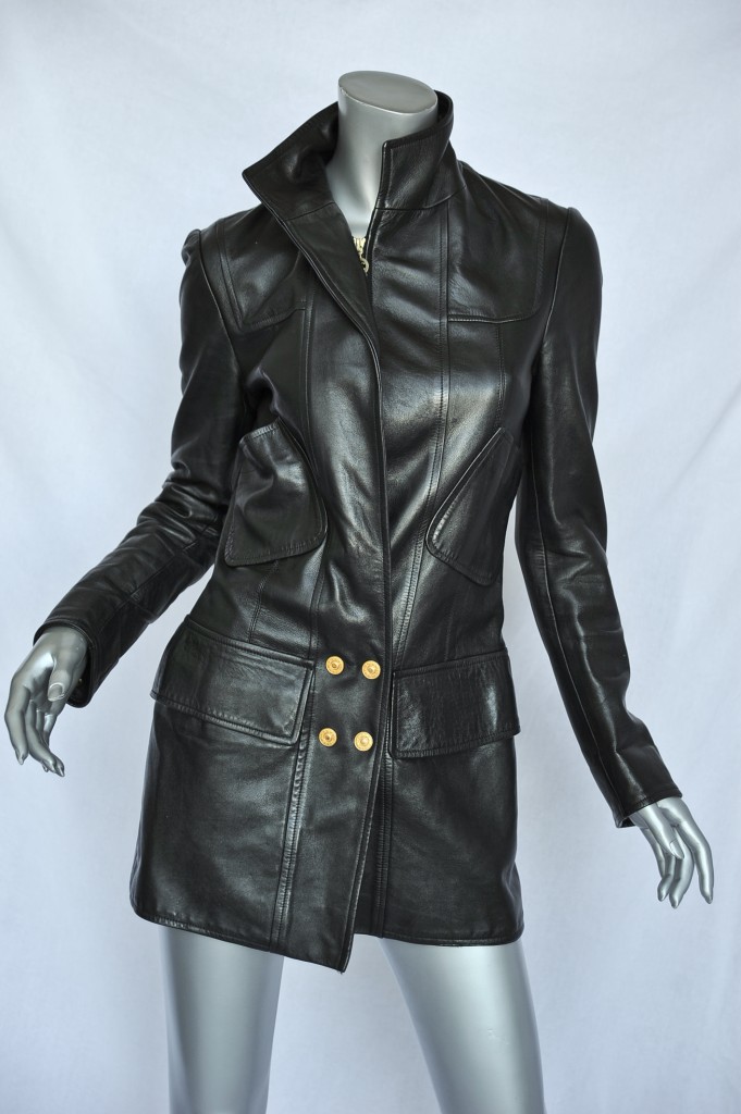 CHANEL Black Lambskin Leather Gold Buttons 3/4 Length Long Jacket Coat