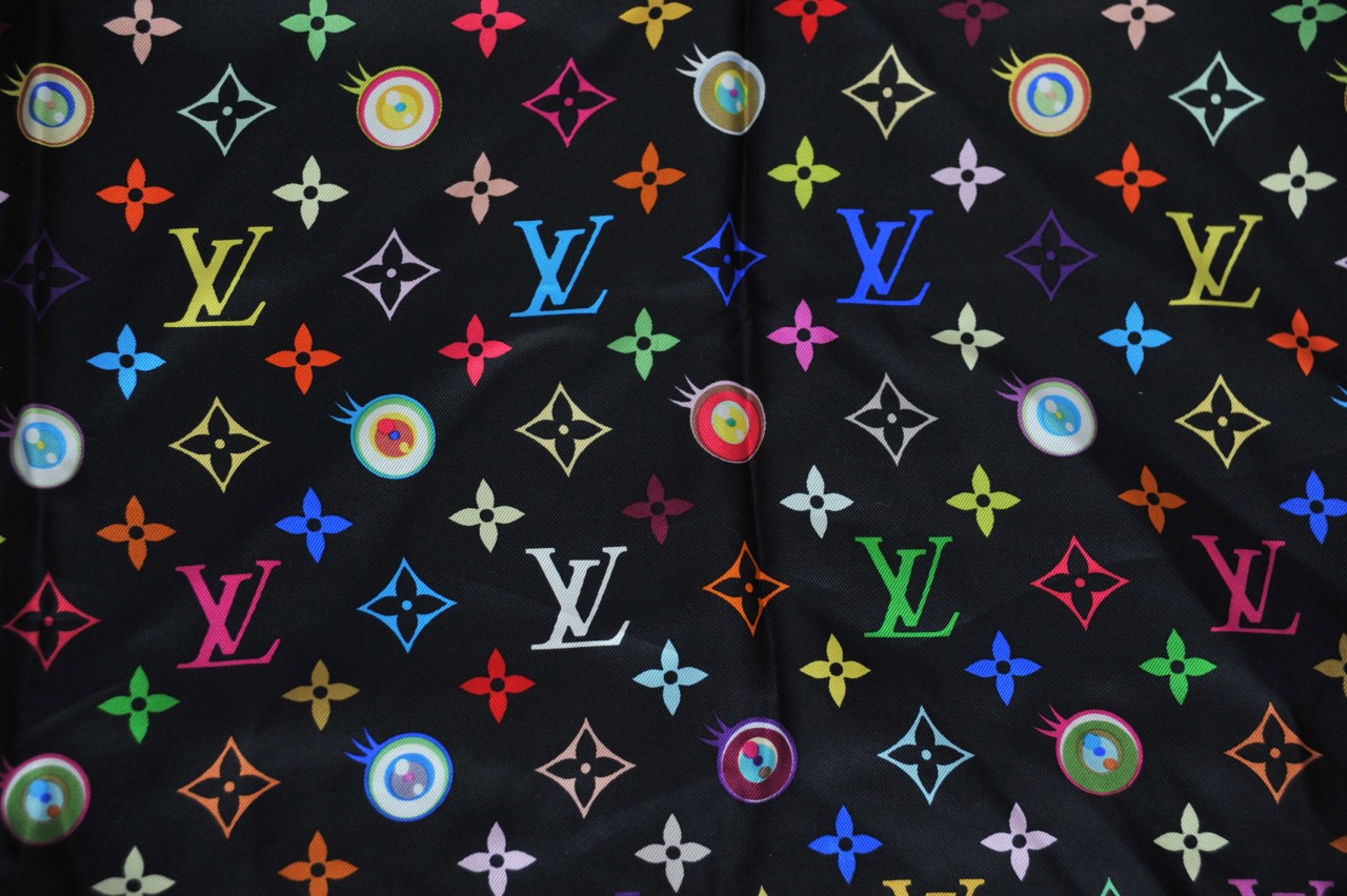 LOUIS VUITTON+MURAKAMI Eye Black+Colorful Stripe+Monogram LV Logo SILK Scarf