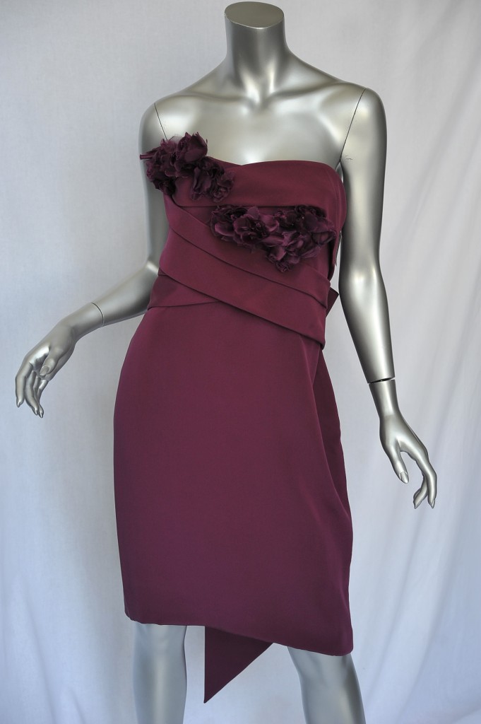 MARCHESA Plum CORSAGE Sleeveless Pleated KneeLength Short Cocktail