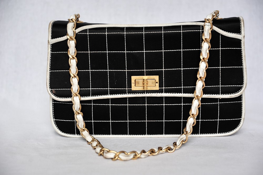 CHANEL Black Satin Quilted White Leather Trim Gold Chain Bag Handbag Purse Tote | eBay
