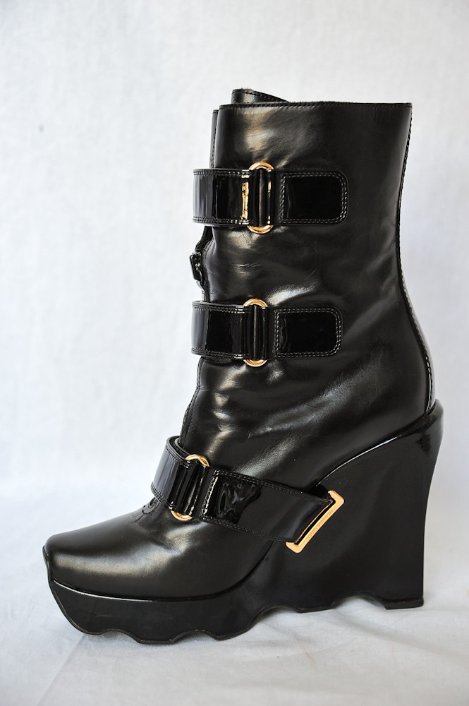 LOUIS VUITTON Womens Black Leather *RUNWAY RARE* High Wedge Mid-Calf Boot 10-40 | eBay