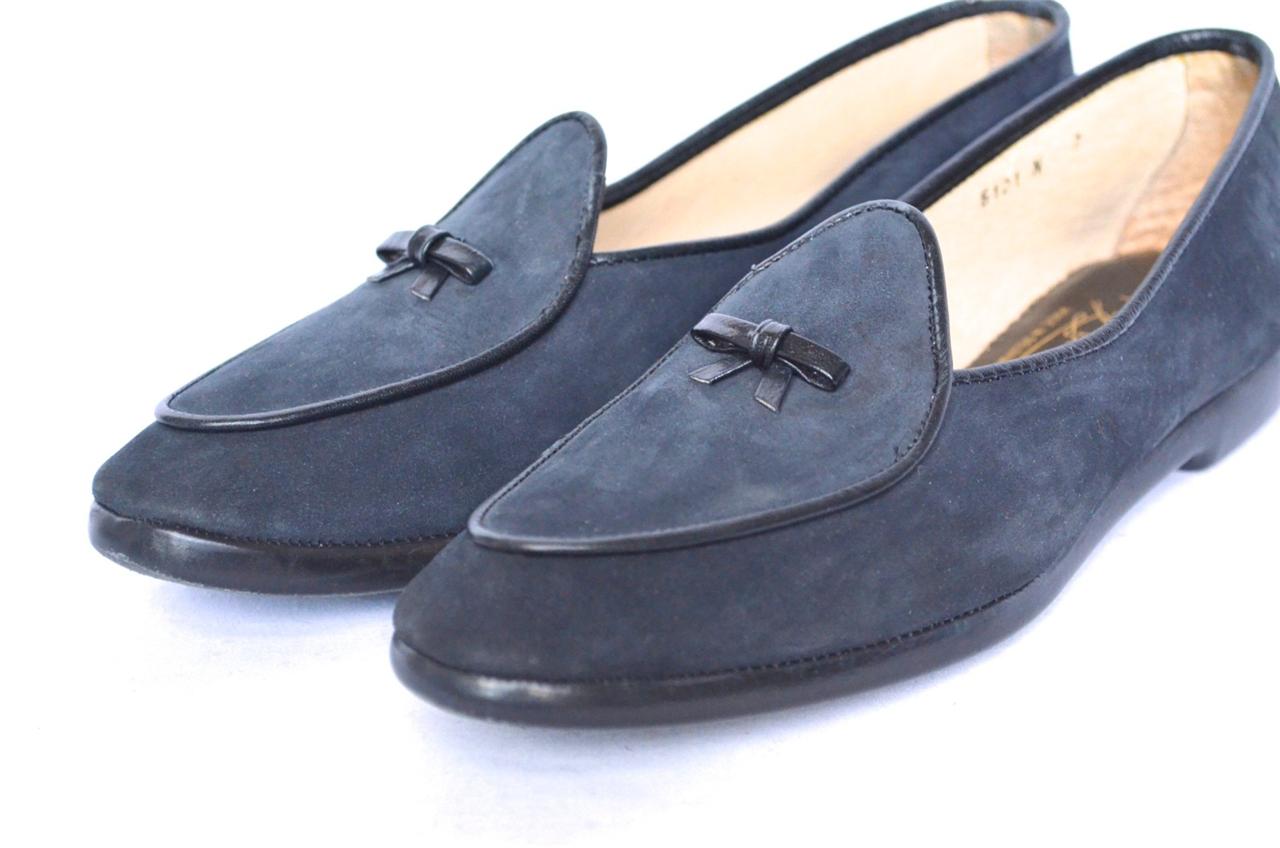 BELGIAN SHOES Womens Dark Blue Navy Suede BOW Leather Slip