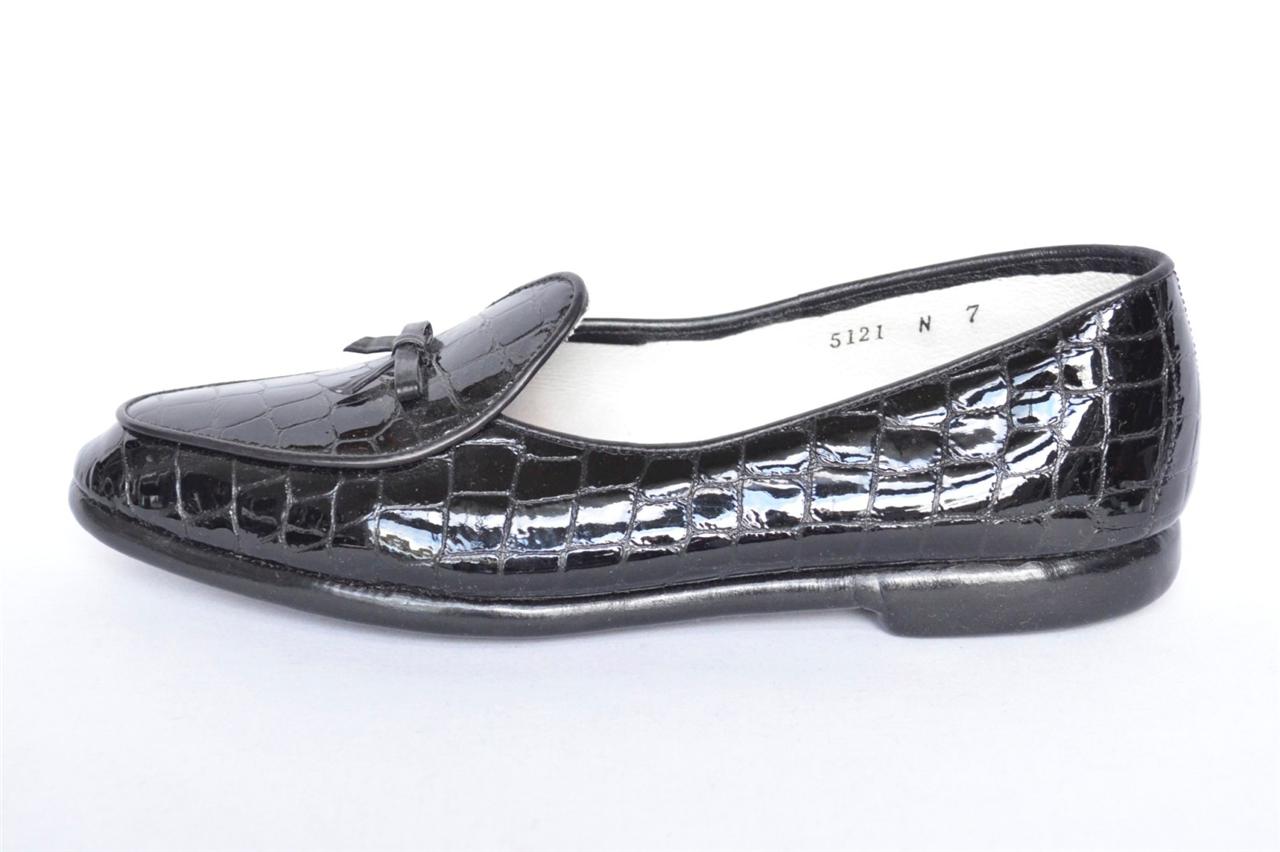BELGIAN SHOES Womens Black CROCOPATENT SlipOn Loafer Mocassin BOW