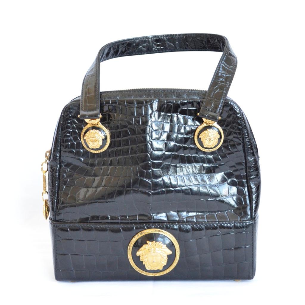 GIANNI VERSACE Black VINTAGE Medusa Crocodile Shoulder Bag Handbag