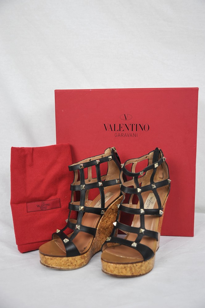 Details about VALENTINO Womens Black Glazed Cork Cage Wedge Strappy