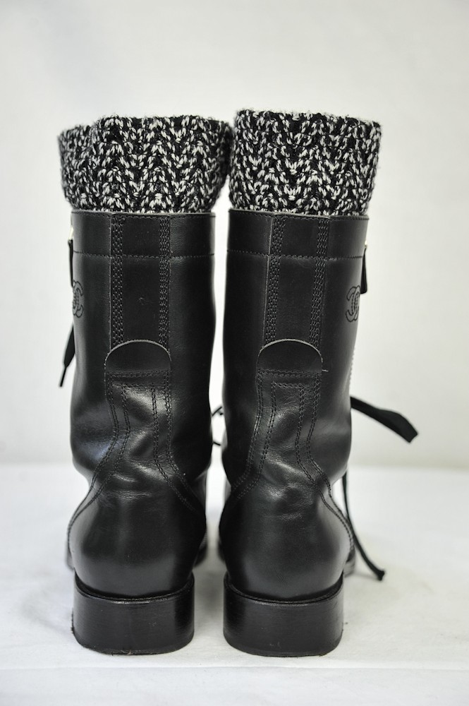 CHANEL Womens Black Combat Tweed Army Military Short Heel LaceUp Boot