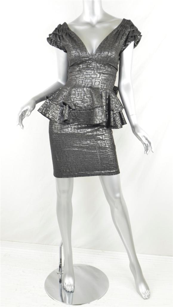 ARROGANT CAT Womens Metallic Charcoal PlungeNeck Peplum Ruffle Bow Dress P NEW eBay