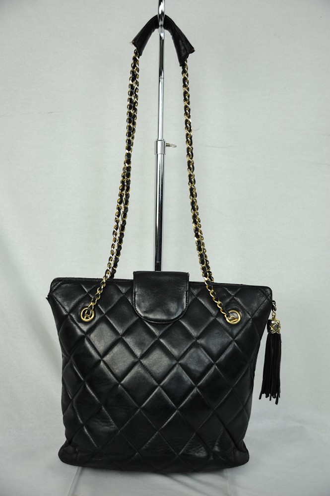 CHANEL Black Quilted Leather VINTAGE Bag Handbag Tote Double Chain Purse CC LOGO | eBay