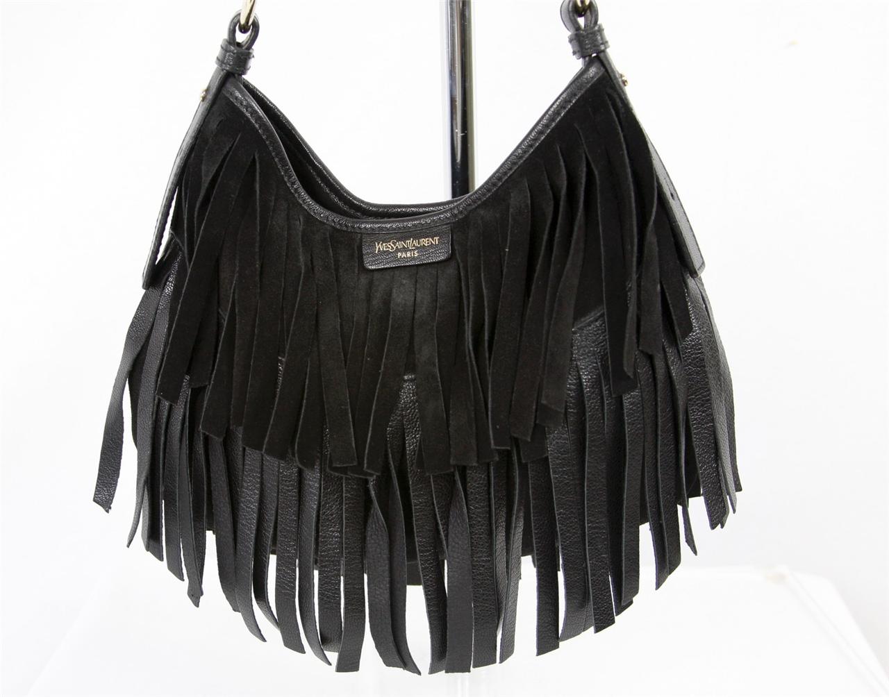YVES SAINT LAURENT Black Suede Leather Hobo Fringe Shoulder Bag Handbag