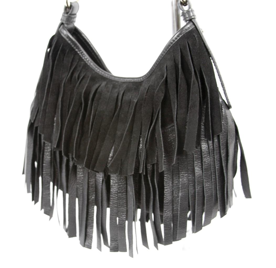 YVES SAINT LAURENT Black Suede Leather Hobo Fringe Shoulder Bag Handbag