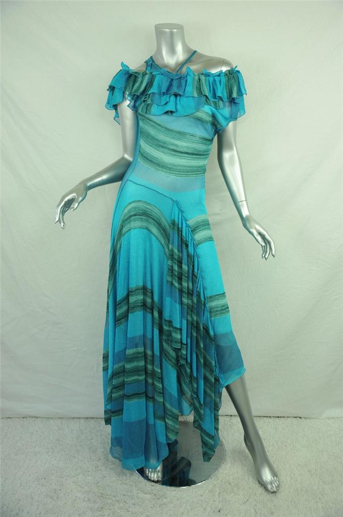 MISSONI Womens Blue Turquoise Knit OffShoulder Striped Maxi Long Dress