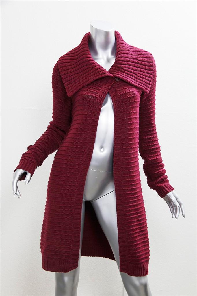THEORY Womens Maroon Chunky Knit Open Long KneeLength Sweater Jacket Cardigan S