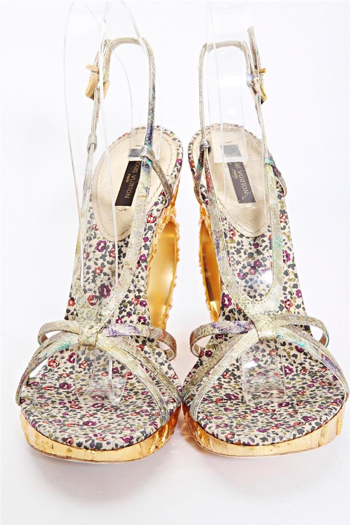 LOUIS VUITTON Womens Gold High Heel Sculpted Wedge Pump Strappy Sandal Shoe 39-9 | eBay
