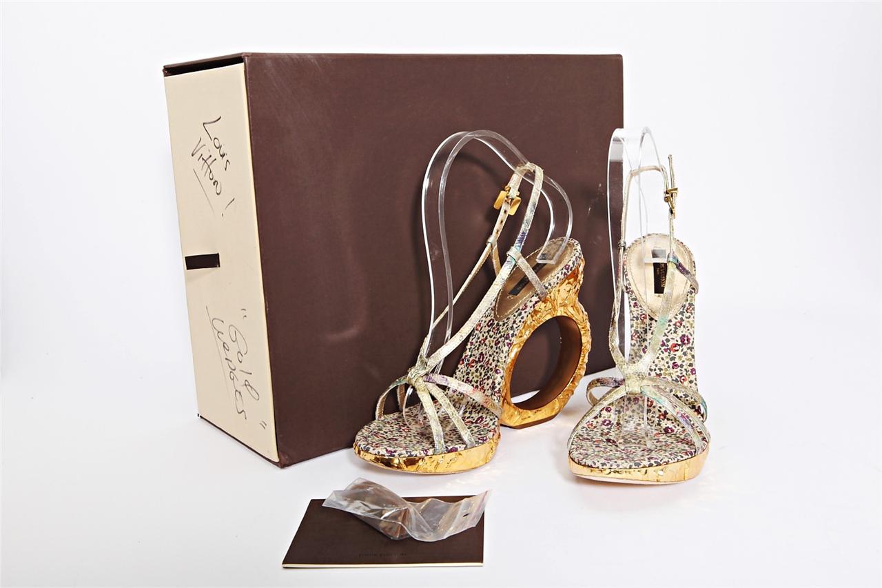LOUIS VUITTON Womens Gold High Heel Sculpted Wedge Pump Strappy Sandal Shoe 39-9 | eBay