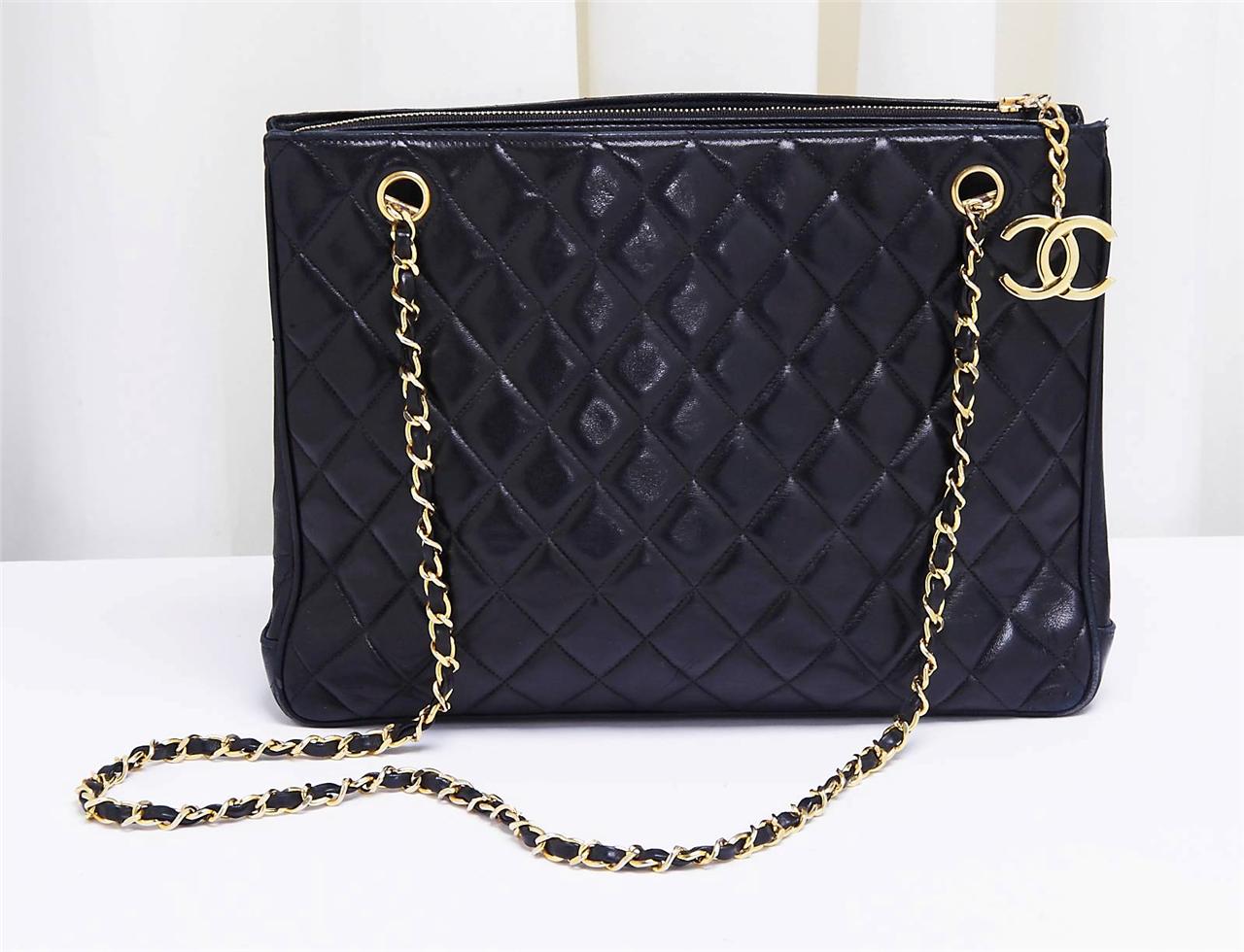 CHANEL Vintage Classic Quilted Black Leather Tote Gold Chain Bag Handbag Purse | eBay