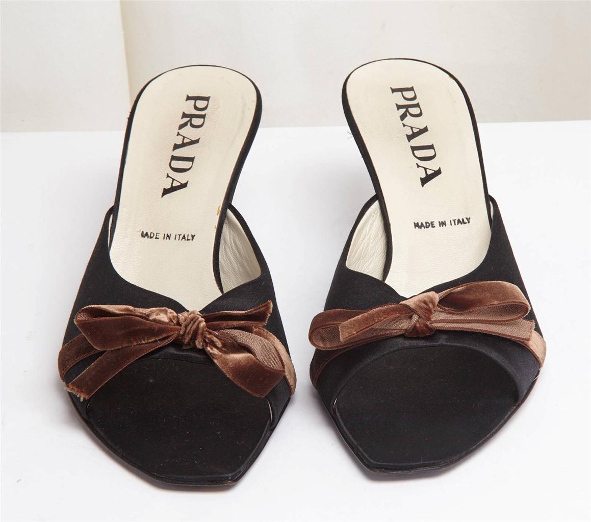 PRADA Black Satin Velvet Bow Detail Open Toe Mule High Heel Sandal Shoe