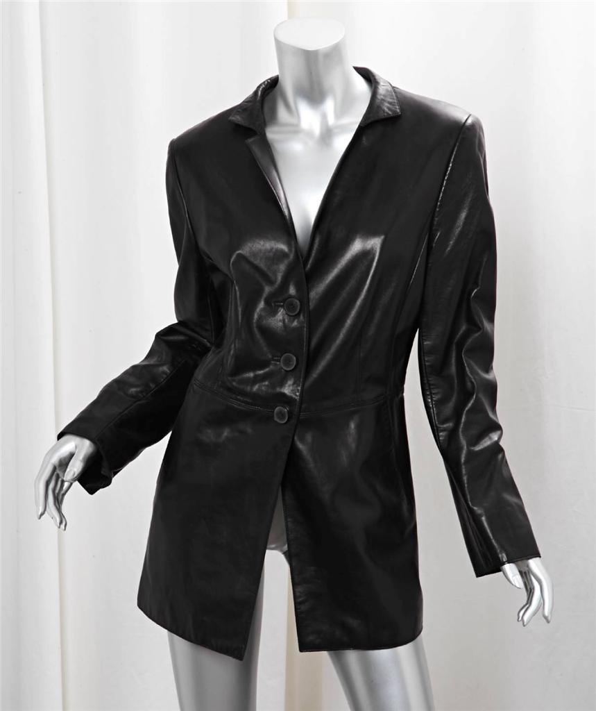 AKRIS BERGDORF GOODMAN Womens Leather BlazerCut Thigh Length Jacket