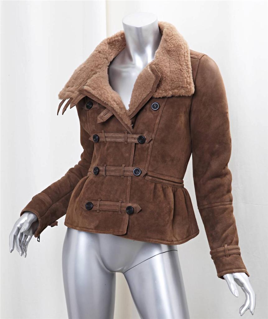 BURBERRY Womens Brown Leather Suede Sheepskin Shearling Peplum Jacket