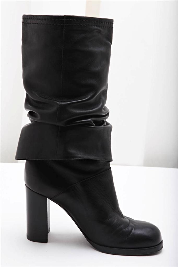 CHANEL Black Leather Sheath Fold Over Mid Calf Boots High CHANEL Black Leather Sheath Fold Over Mid Calf Boots High