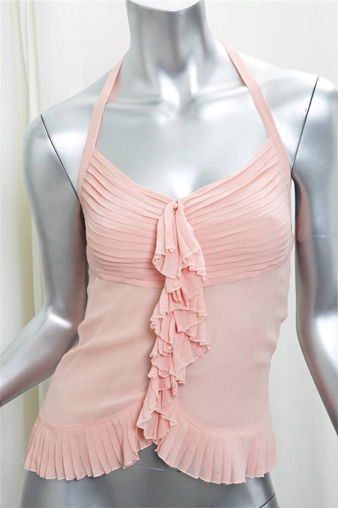 CHANEL Womens Blush Pink Silk Pleated Halter Cami Shirt Tank Top Blouse