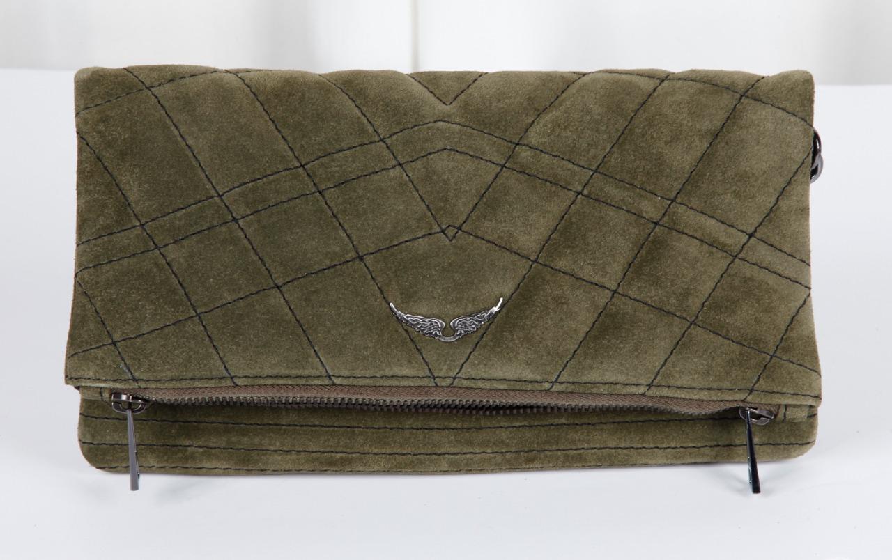 ZADIG & VOLTAIRE Kaki ROCK DAIM Green Suede Leather Foldover Clutch