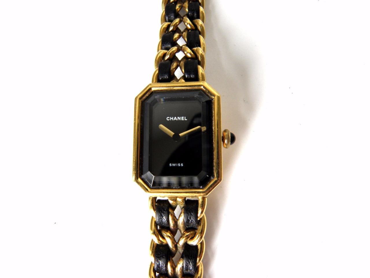 CHANEL Womens VINTAGE 1987 Gold Plated Chain Black Leather Watch Wristwatch