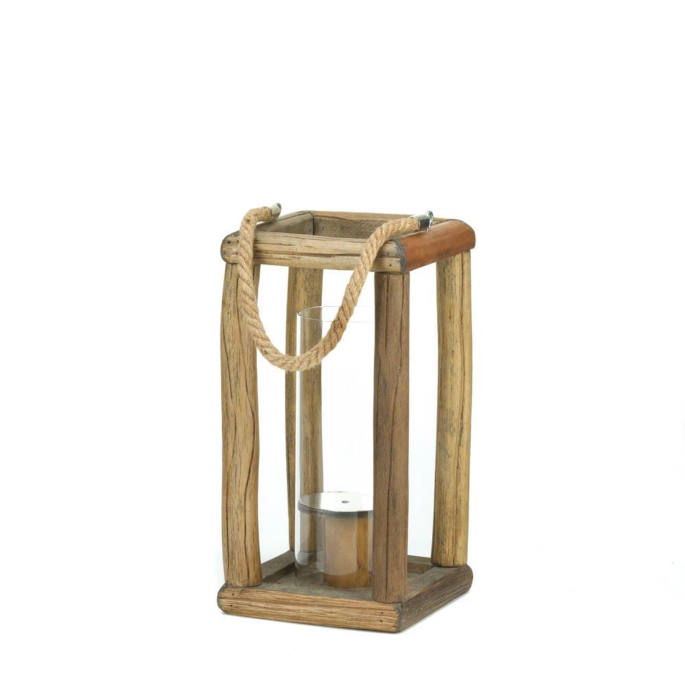 Natural Wood Candle Holders Tall Glass Hurricane Lanterns Rope Handle