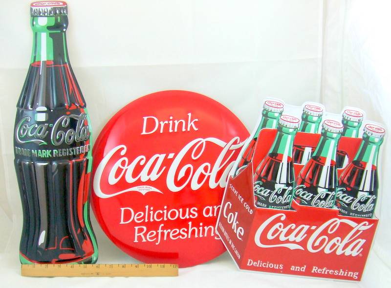 VERY SPECIAL 3 Coca-Cola Tin Sign Gift Set Lot! Domed Coke 21" Bottle & Six Pack - Picture 1 of 1
