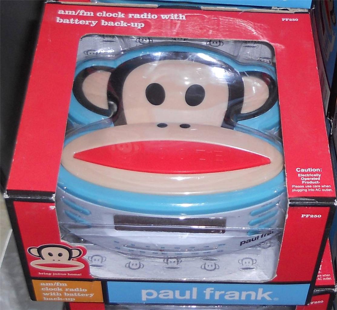 New Paul Frank Julius Monkey Alarm Clock Radio w Battery Back Up Sock