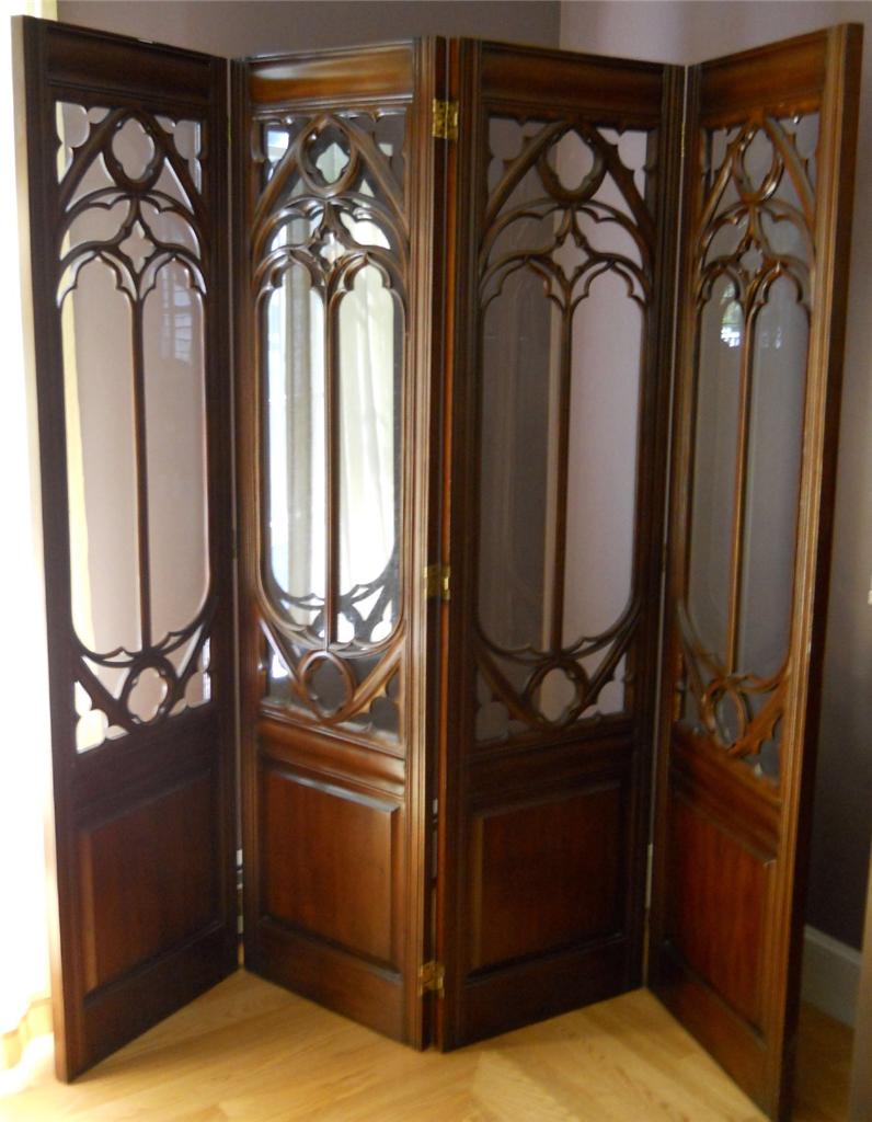 Vintage 4 Panel Glass & Wood Architectural Room Divider Mahogany Carved Inserts eBay