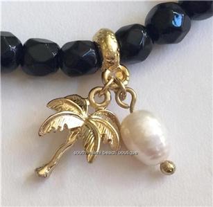 bracelet charm flamingo pink palm tree stretch enamel beaded pearl seller usa gold bead
