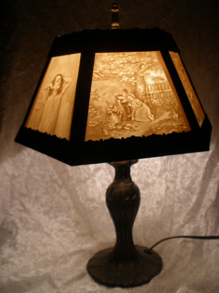 Porcelain Bisque Lithopane 6 Panel Children Scene Lamp