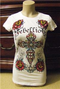 NEW WHITE COTTON CROSS TEE SHIRT W/RHINESTONES SIZE S