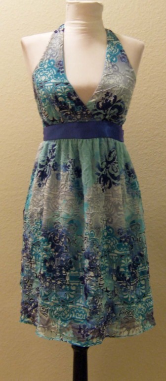 BRAND NEW BLUE TURQUOISE WHITE HALTER DRESS SIZE SMALL